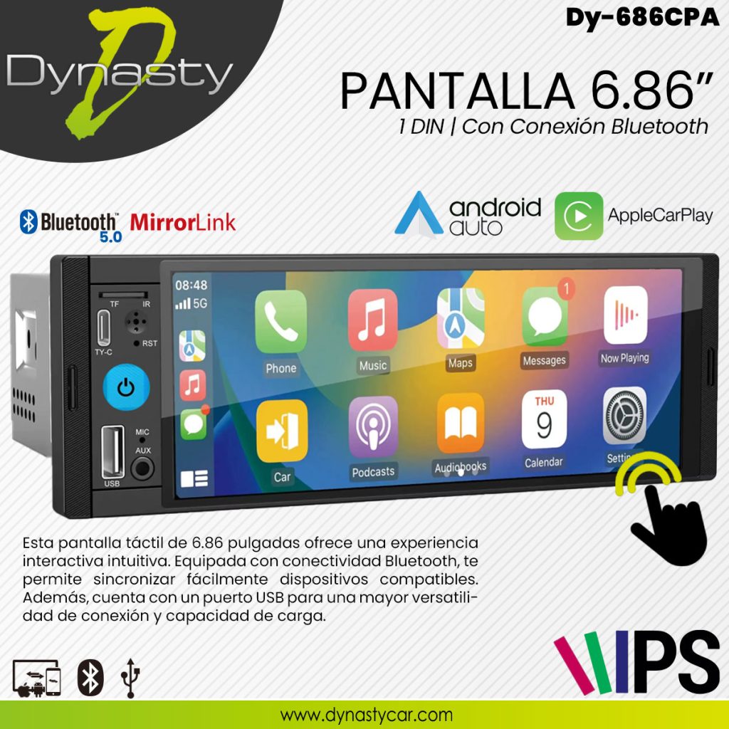 PANTALLA 6.86" 1 DIN IPS CAR PLAY ANDROID AUTO BLUETOOTH USB