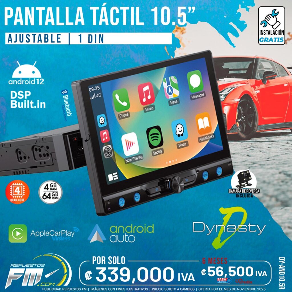 Pantalla 10.5 1 Din 4+64G Android 10, DSP, Car PLAY Android auto, IPIS,BT