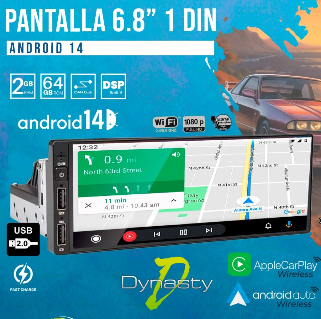 PANTALLA 6.8" 1 DIN ANDROID 14 2+64GB WIRELESS CARPLAY ANDROID