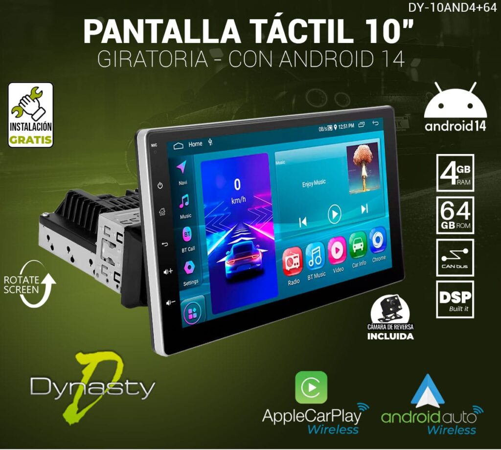 PANTALLA 10" GIRATORIA ANDROID 14 4+64 GB WIRELESS CARPLAY AND ANDROID AUTO